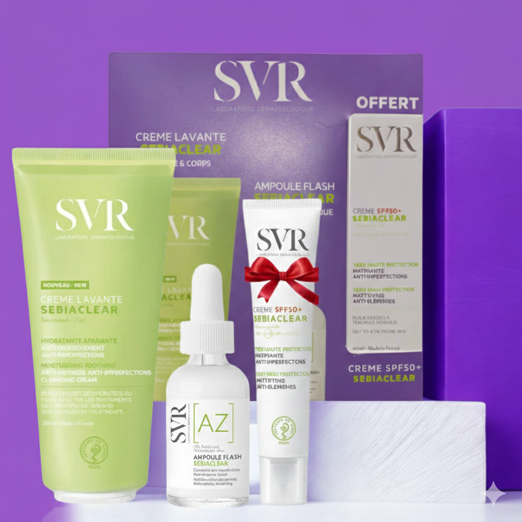 SVR COFFRET SEBIACLEAR CREME LAVANTE 200ML+AMPOULE AZ FLASH 30ML+CREME SOLAIRE  SPF50 40ML (OFFERT)