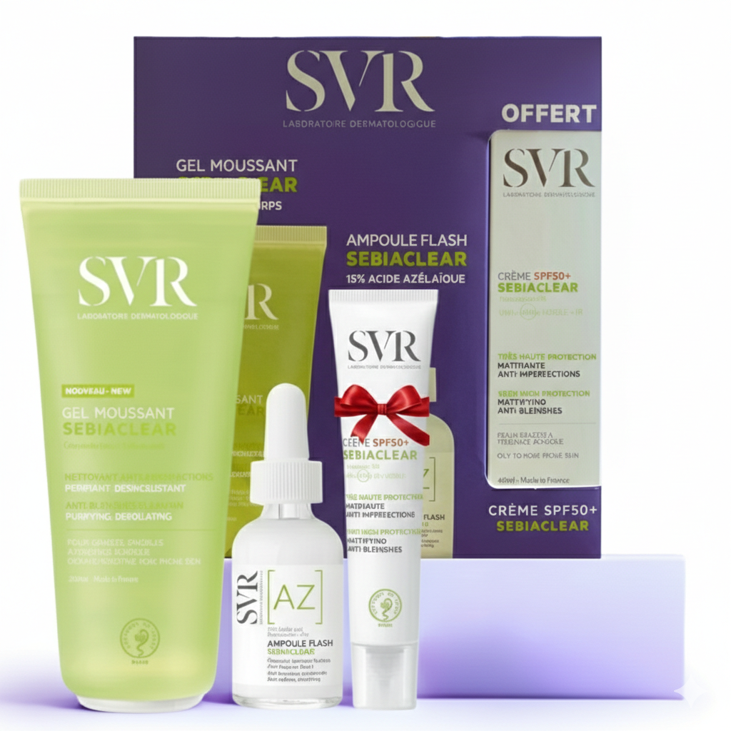 SVR COFFRET SEBIACLEAR GEL MOUSSANT 200ML+AMPOULE AZ FLASH ANTI IMPERFECTIONS 30ML+CREME SOLAIRE MATIFIANTE SPF50 40ML (OFFERT)